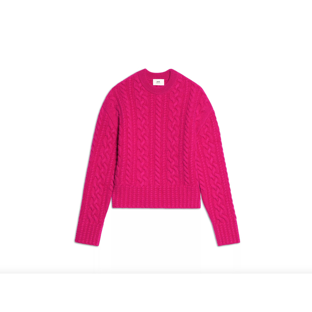AMI Men Wool Cable Knit Sweater Fuchsia Size M